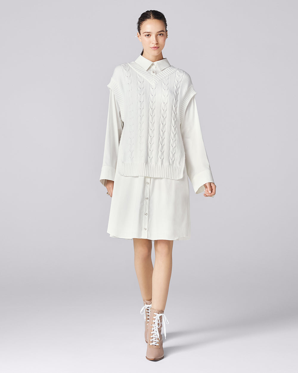 Collared Knit Dress - White - Ladies